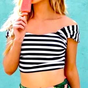 Albion Fit Stripies 101 Off or On the Shoulder Swim Top